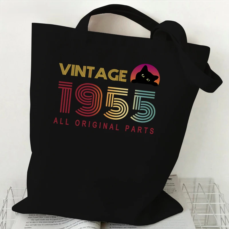 Women Tote Bags Vintage 1950 To 1959 Pattern Canvas Shoulder Bag Black Cat Print Reusable Shoulder Bag Birthday Gift Tote Bags