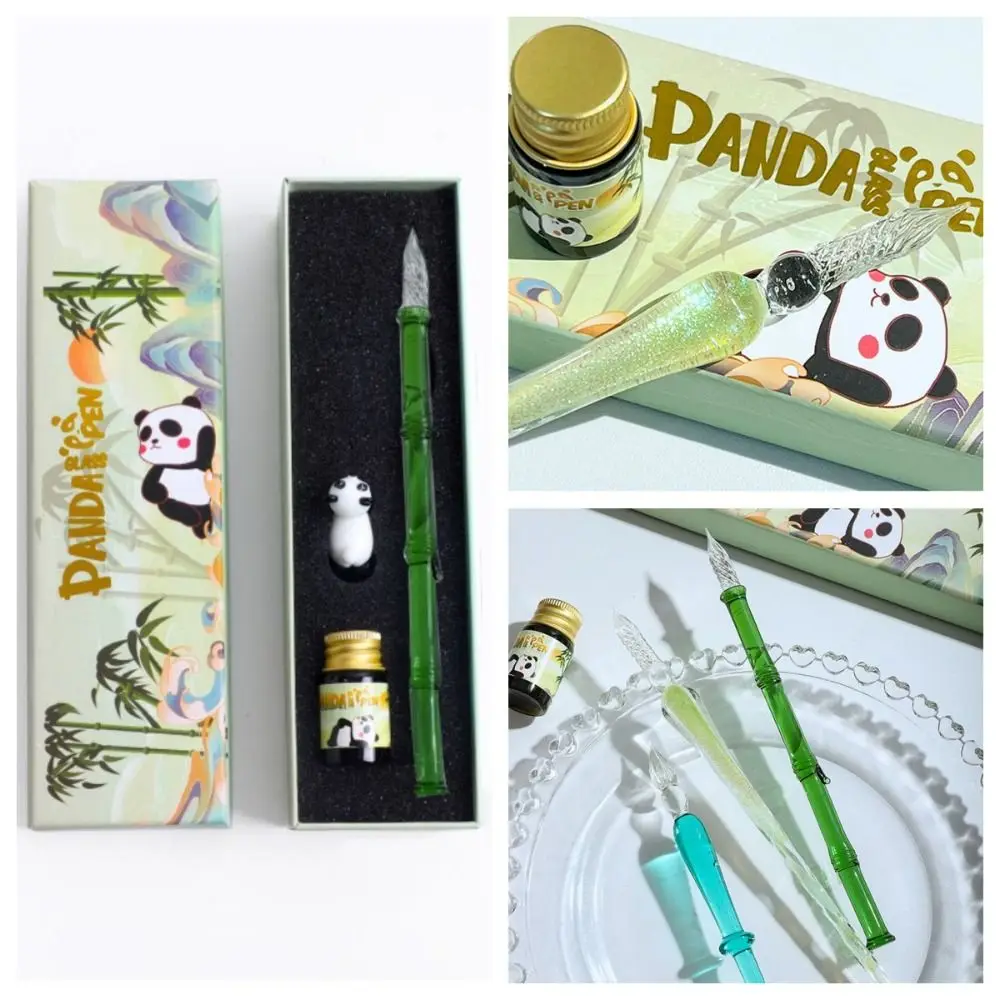 China-Chic Panda Series Glass Dip Pen Stationery Fountain Pens with Ink Crystal Calligraphy Pen Writing Pen Glitter