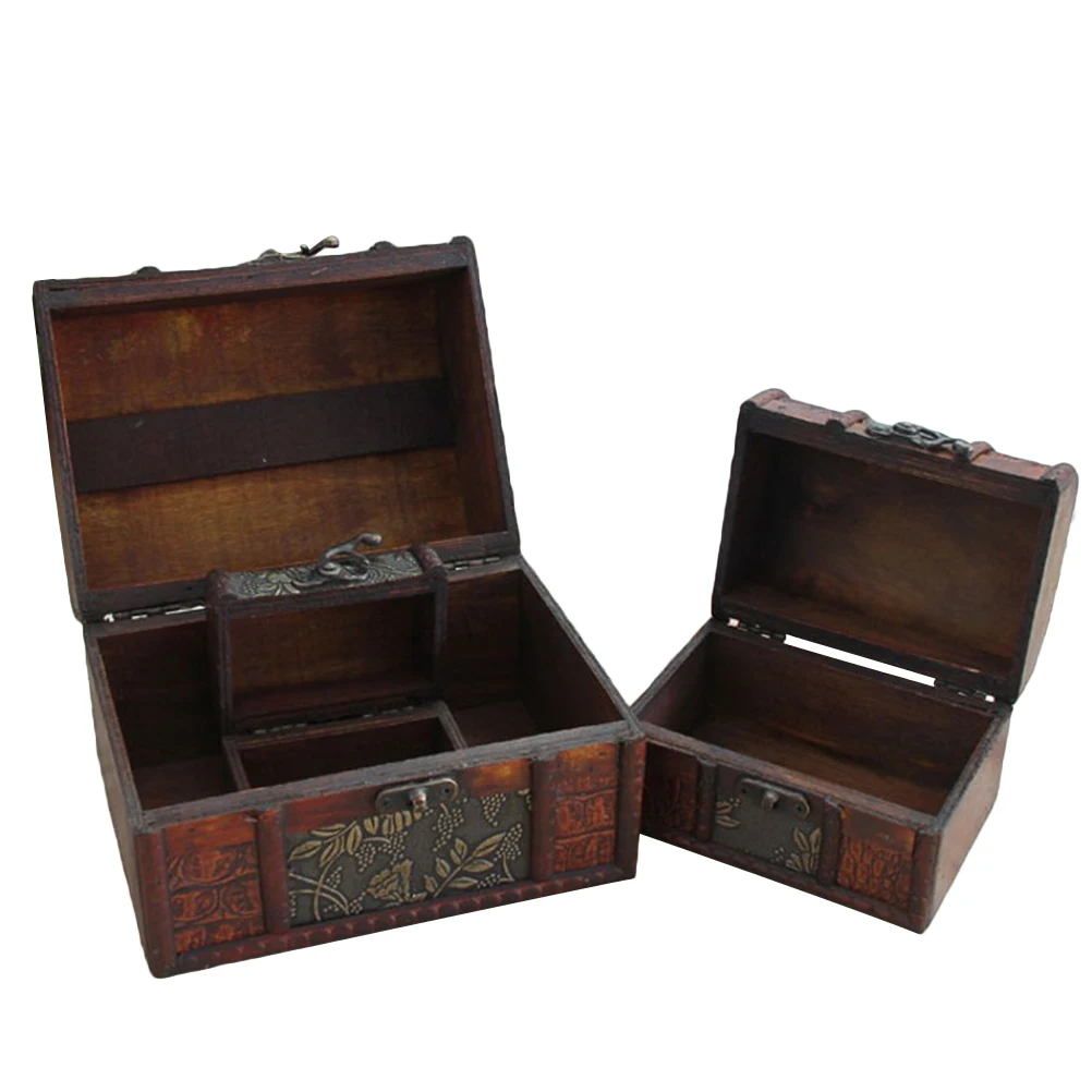

3pcs Wooden Jewelry Box Retro Small Treasure Chest Trinket Holder Travel Storage Makeup Case Gift Bronze Lock Carving