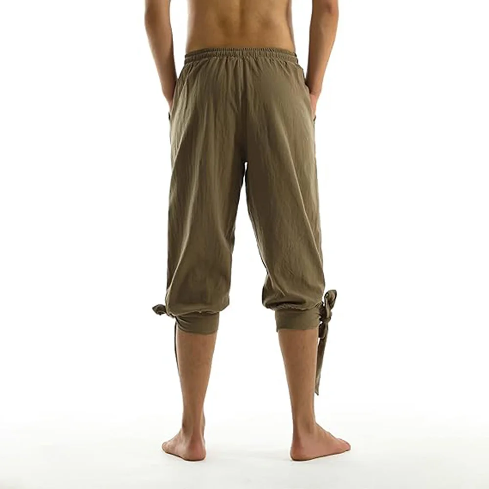 Herren Vintage Piratenhose Einfarbig Baumwolle Atmungsaktiv Cosplay-Kostüm Elastischer Bund Modische Kurze Hose für Männer – Detail 3
