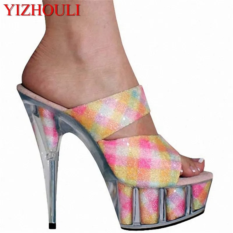 

Elegant fashion 15 cm high with crystal sandals, models banquet super thick waterproof transparent stage dance shoes