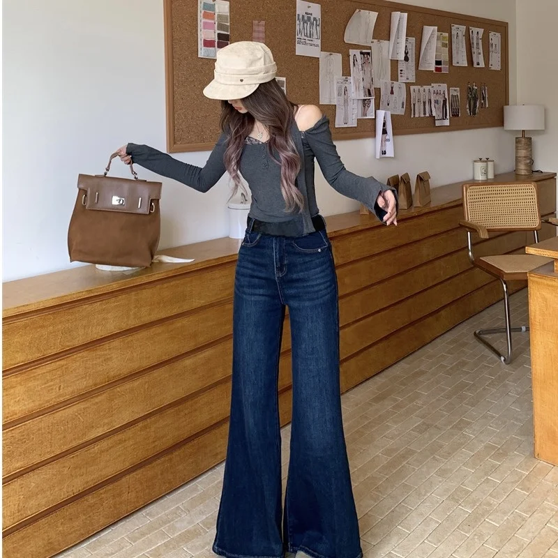 

Утягивающие эластичные широкие джинсы с высокой талией, расклешенные джинсы, женские брюки длиной до пола, хлопковые эластичные синие брюки без бретелек