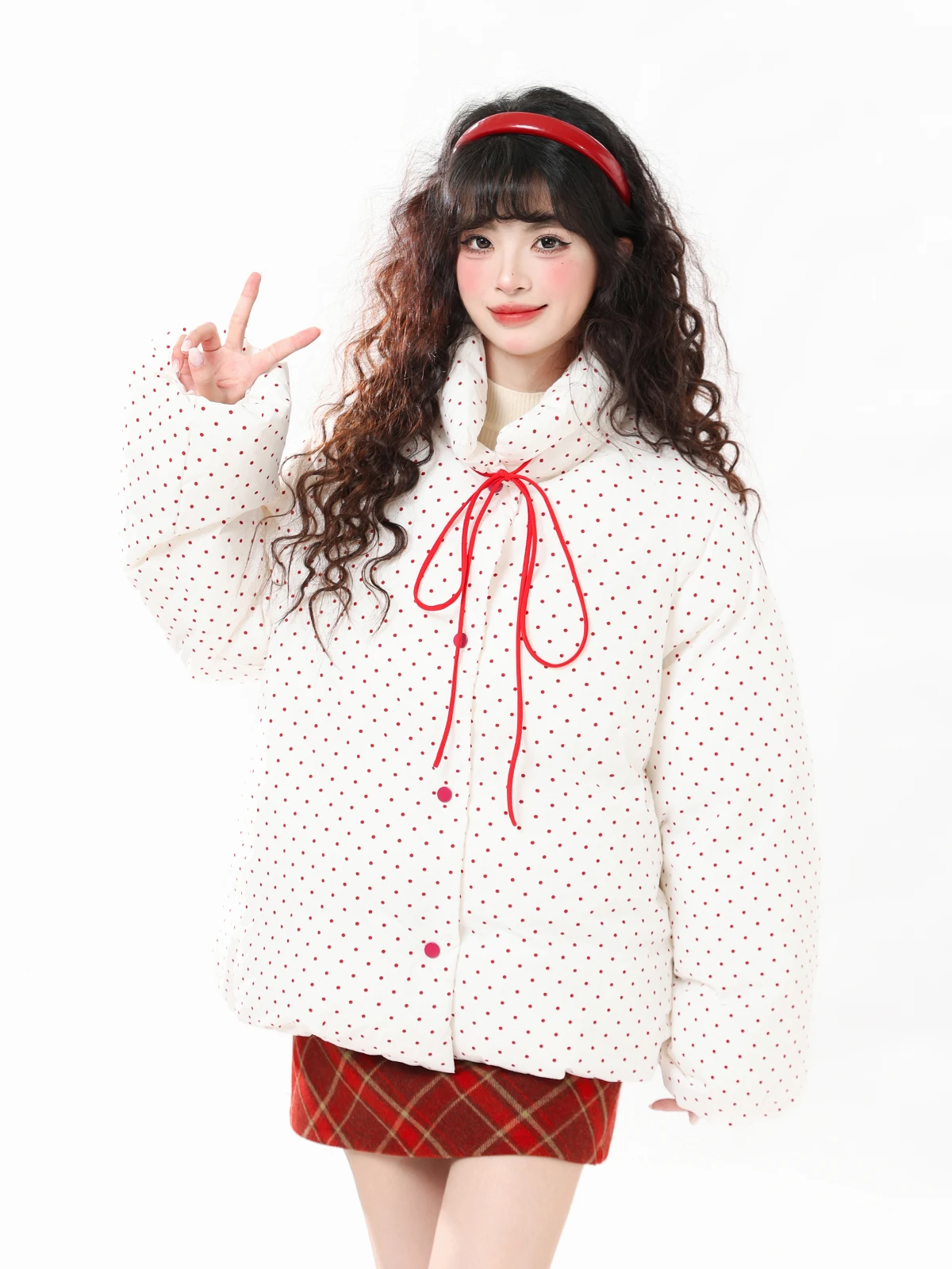 

ENJOG Thiened Loose Women's Cotton Jaet with Bow Tie Stand Collar Winter Warm Bread Sle Coat Polka Dot Patterned