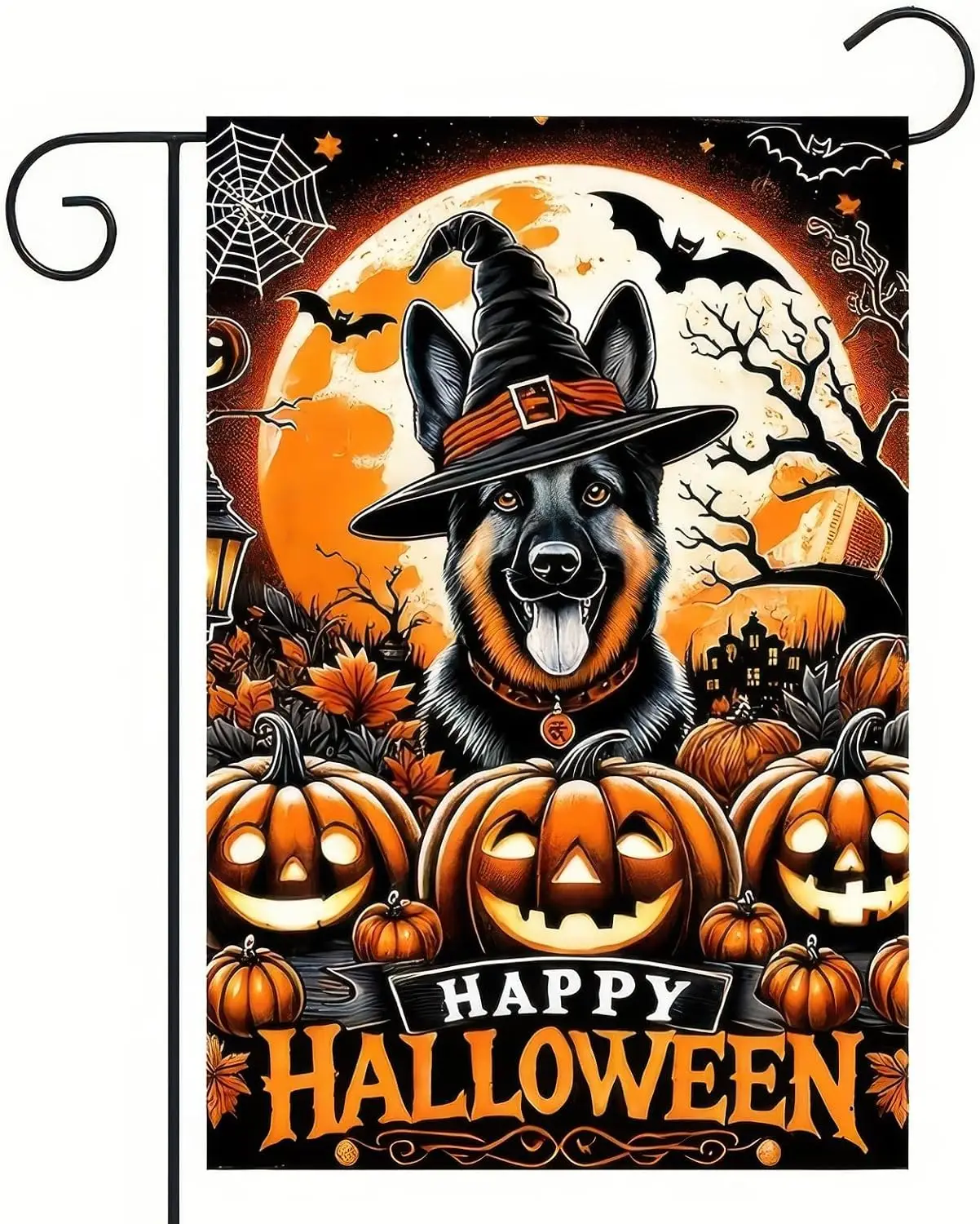 Halloween Garden Flag 12×18 Double Sided Vertical Flag Witch Hat German Shepherd Garden Flag Dog Pumpkin Outdoor Decorative Flag