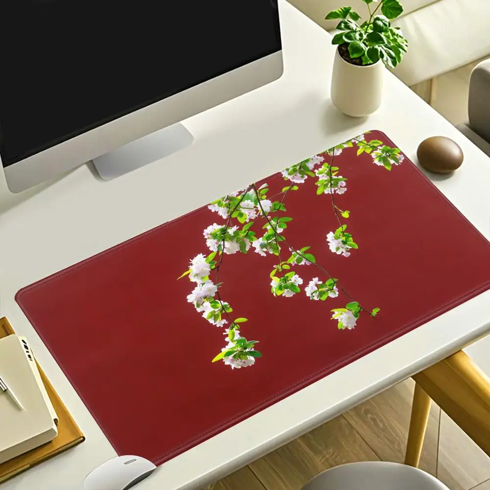 HYBXAXC Chinese Style Red Wall White Flower Branch Art Print Mouse Pad Desk Cute HD Desk Pad Extended Gaming Keyboard Mats