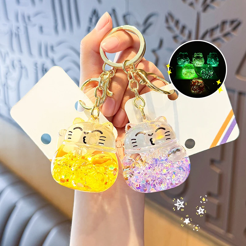 Luminous Fortune Cat Key Chain Creative Liquid Quicksand Botton Lucky Pendant Cute Bag Ornaments Friends Gift