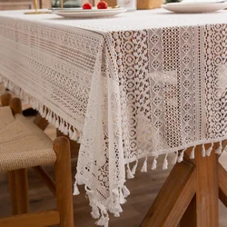 Hollow French Lace Beige Tablecloth Rectangular Wedding Birthday Party Decorative Table Cover Mantel Mesa Nappe with Tassel