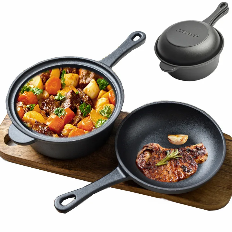 2in1 Cast Iron Pot and Frying Pan Lid Set Preseasoned Skillet for Grill Baking Cooking Dual Function Dutch Oven 7