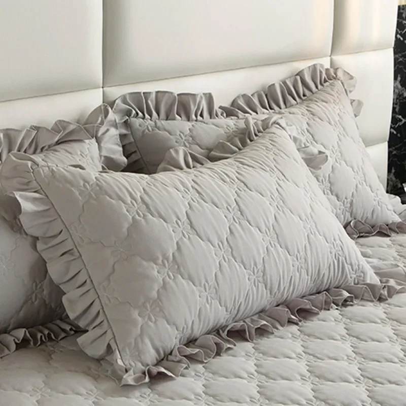 Bonenjoy 2pcs Pillow Cover Ruffles Pillowcase Solid Color Pillowslip Quilted Pillow Sham Rectangle Cushion Cove 48x74cm 베개커버