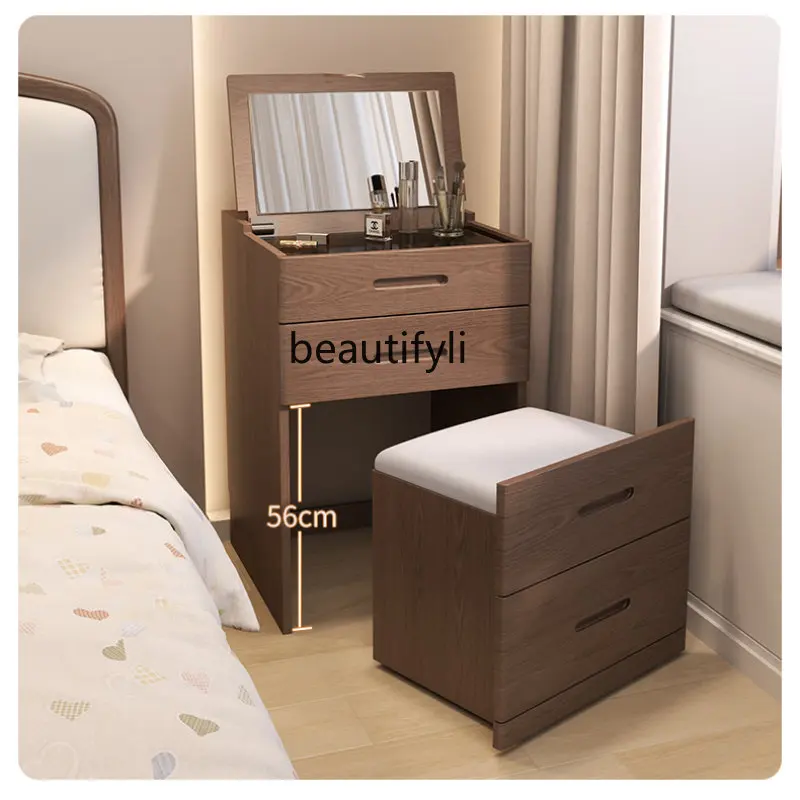 

yj Solid Wood Dressing Table Modern Simple Flip Small Makeup Table Mini Storage Cabinet Integrated