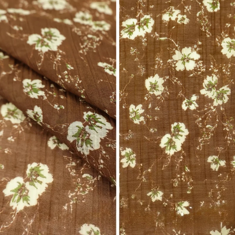 Tela de Lino Transpirable con Rayas Florales Marrones, 50cm x 150cm, Suave y Semitransparente para Hanfu, Vestidos de Mujer, Manualidades y Costura