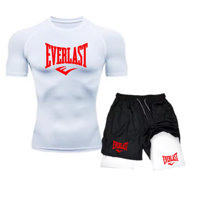 EVERLAST Men\'s Compress Shirt + 2-in-1 sports shorts 2pcs Set Leisure Breath Short Sleeve Sport Jogging Gym Brand Print Clothing