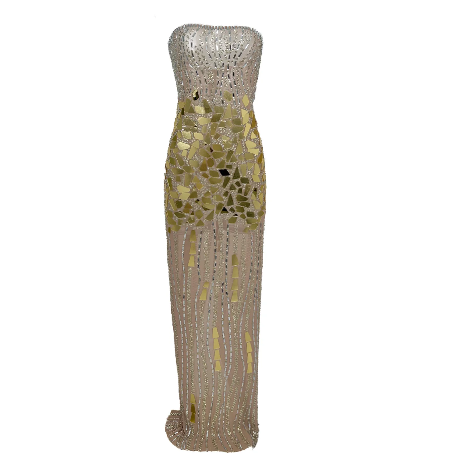 

Shanyao Elegant Women Strapless Gown Sparkling Geometric Lenses Rhinestone Transparent Mesh Celebrity Red Carpet Runway Dress
