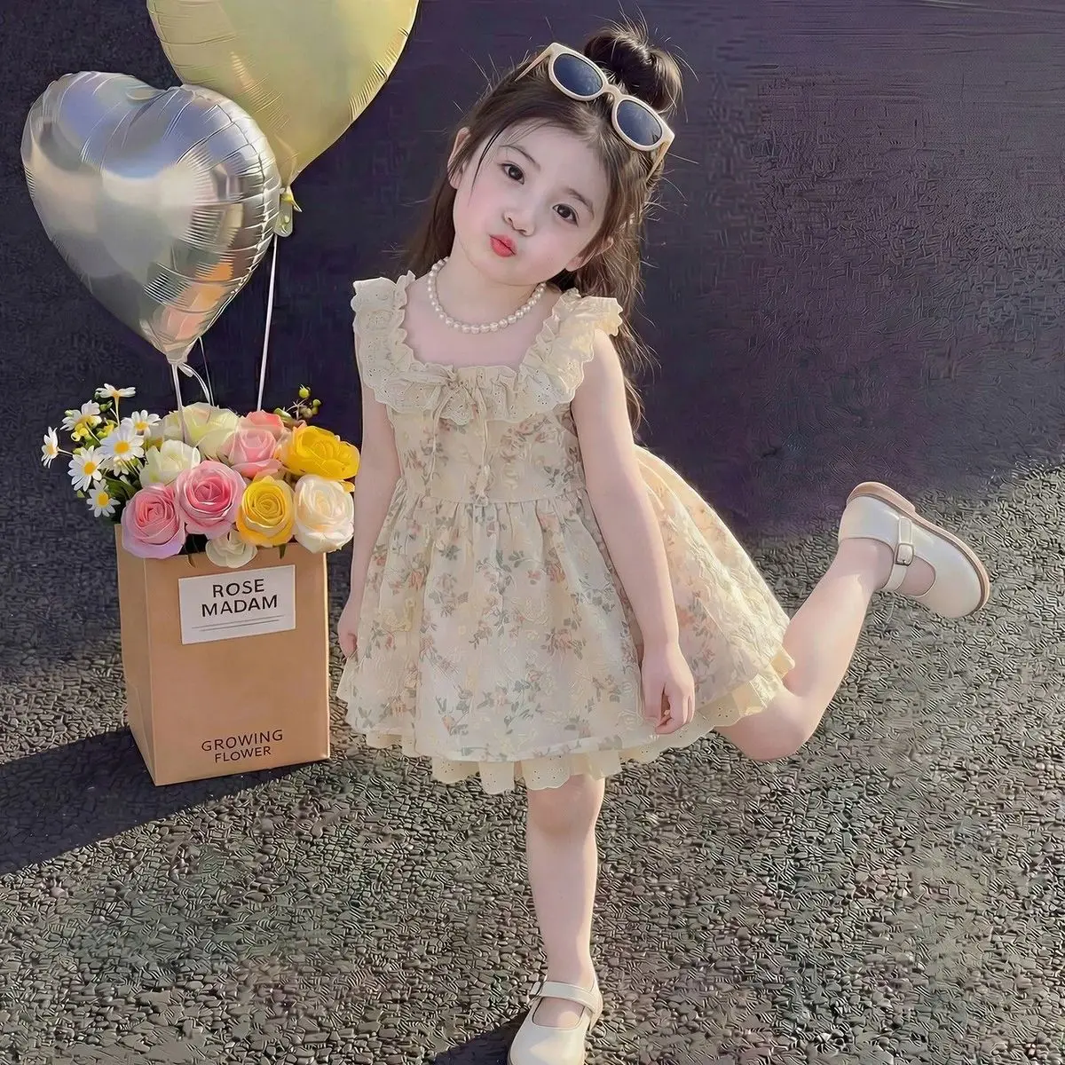 

Girls Floral Summer Dress 2026 New Style Children's Halter Dress Vacation Vibes Baby Vest Skirt 90-140cm
