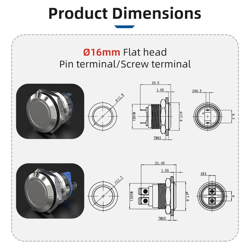 16/19/22mm Momentary Push Button Screw Type Terminals Stainless Steel Metal Waterproof Button 16mm 5A 12V/24V/125V/250VAC IP65