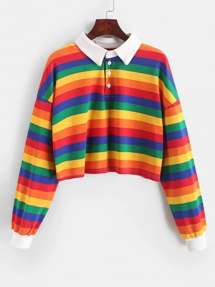 

2024 Polo Shirt Women Sweatshirt Long Sleeve Rainbow Color Ladies Hoodies With Button Striped Korean Style Sweatshirt Women