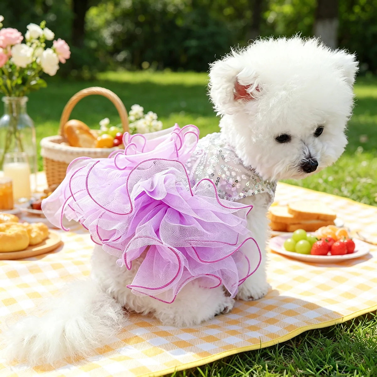 Luxuriöses Pailletten-Tüllkleid, Traumhaftes Hochzeitsoutfit für Kleine Hunde und Katzen, Passend für Teddy, Bichon, Pomeranian, Yorkshire, Malteser – Detail 4