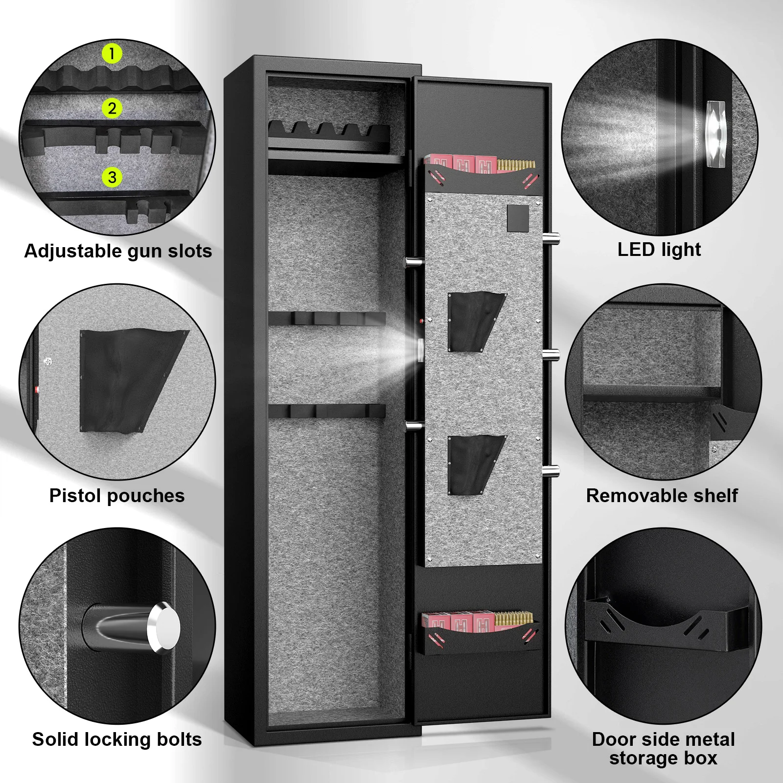 3-5 Quick Access Gun Safe with Silent Mode and Alarm System, Gun Cabinet with Removable Shelf and 2 Adjustable Gun Slots