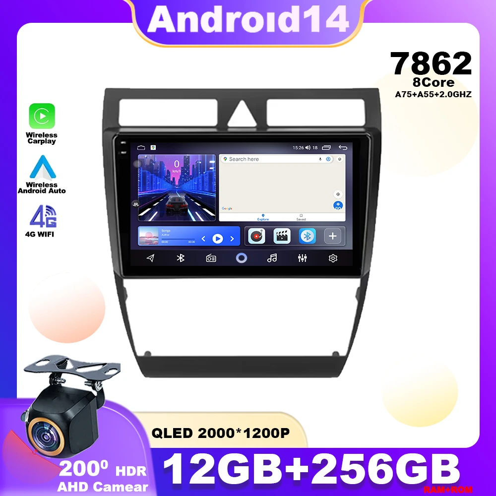 Android 14 For Audi A6 C5 1997-2004 S6 2 1999 - 2004 RS6 1 2002 - 2006 Car Radio Multimedia Player Navigation GPS QLED Carplay 