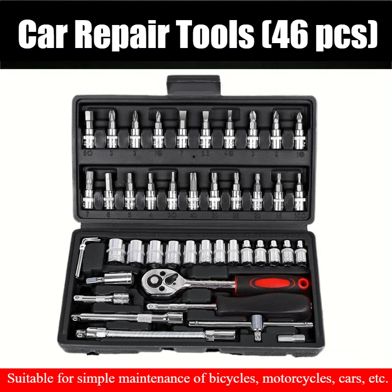 

46pcs Car Repair Tool Kit 1/4 Inch Drive Socket Ratchet Wrench Set, Steel Combo Tools Kit Bicycle Auto Repairing Tool