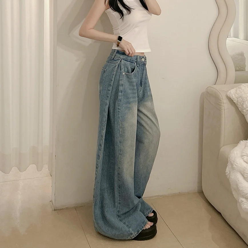 Retro Washed Wide Leg Jeans Three Colors Loose Fit Casual Style Natural Waist Long Trousers Denim Fabric Standard Size Blue