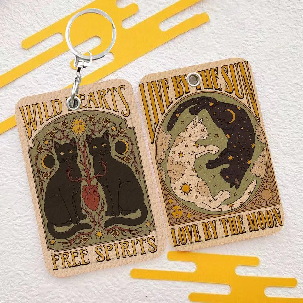 

Witch Fortune Sun Moon Stardust Animal Luck Cat Versatile Leather Card Holder Compact Keychain Wallet for All Small Cards