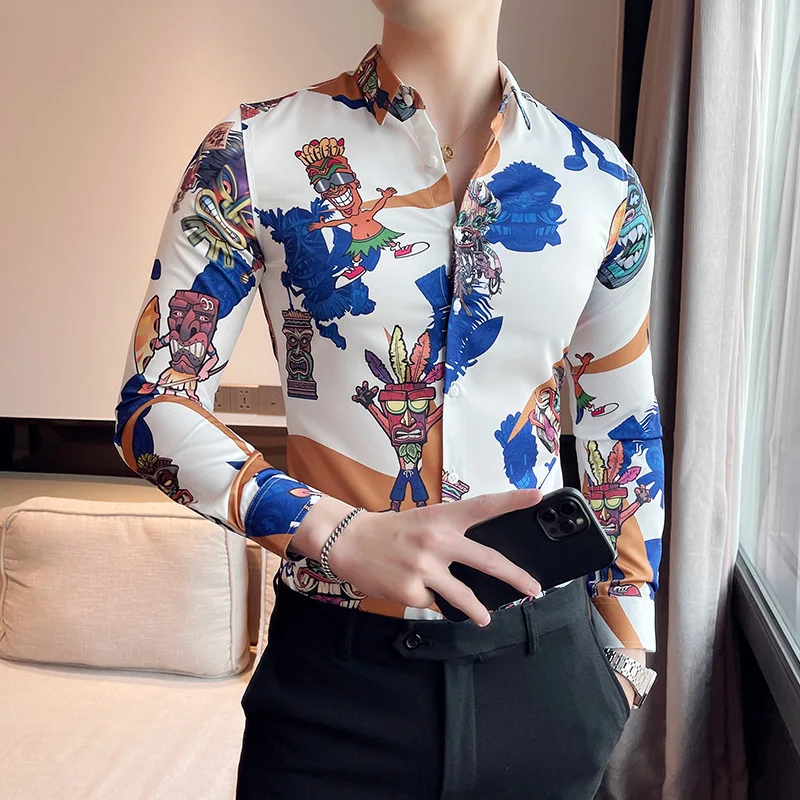 

2024 Spring Cartoon Print Luxury Shirts Mens Long Sleeve Shirt Men Business Casual Dress Slim Social Shirt Streetwear Chemise