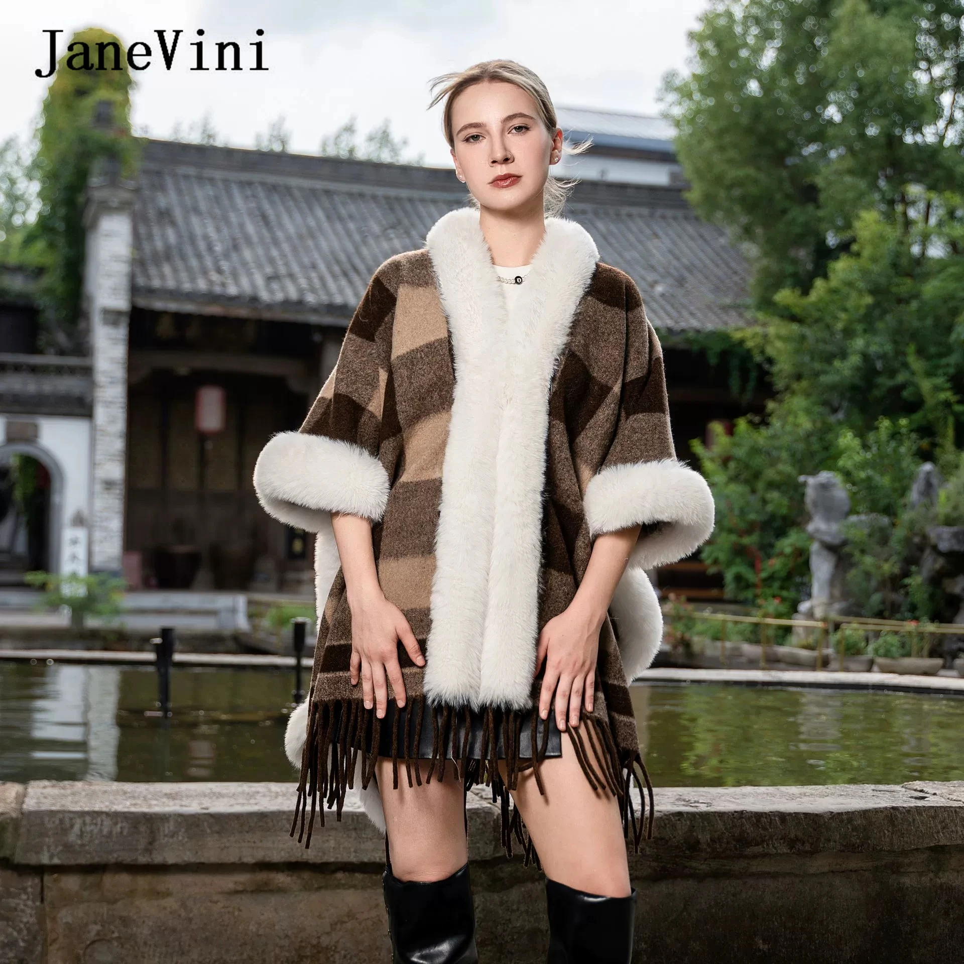 

JaneVini коричневое пальто из искусственного меха, болеро для свадьбы, накидка Chal De Boda, зимняя теплая женская куртка, плащ, накидки, аксессуары для вечеринок