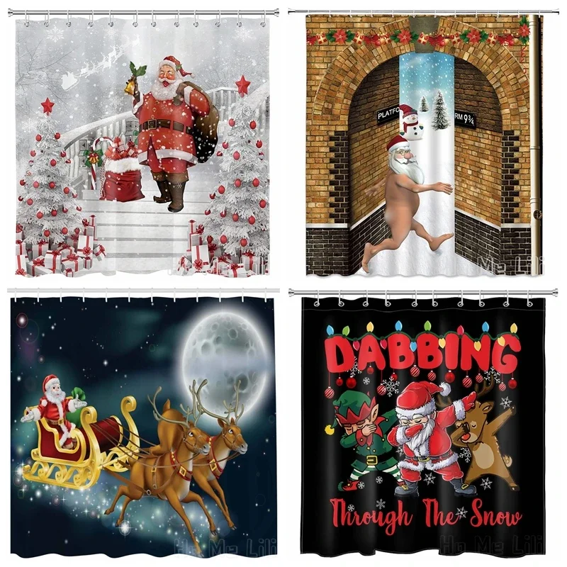 Merry Christmas Funny Santa Claus Dancing To Wizardry World Shower Curtain Xmas Reindeers Blessing Bathroom Accessories