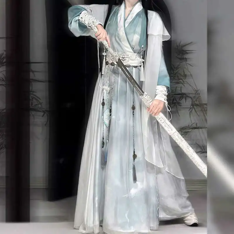 Cosplay Antigüedades Adolescente Xianxia Hanfu Mejora los elementos Han Cos Ropa Tinta y lavado Verde