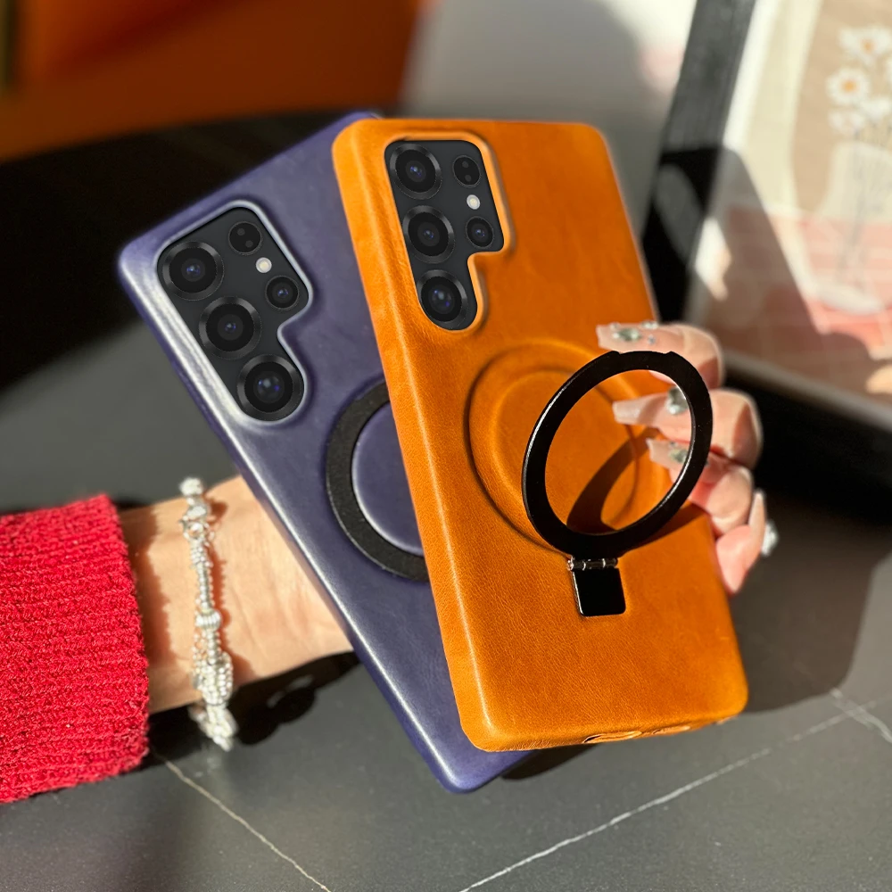 

Luxury Magnetic Ring Stand Genuine Leather Case for Magsafe Samsung Galaxy S26 Plus S25 Edge S24 S23 S22 S21 S20 Ultra Cover