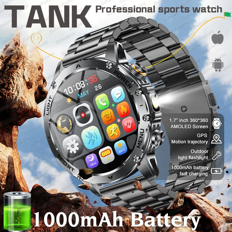 

Смарт-часы для занятий спортом на открытом воздухе, аккумулятор 1000 мАч, 1,7-дюймовый AMOLED HD-экран, мужские часы, GPS IP69K, водонепроницаемые умные часы с Bluetooth-вызовом