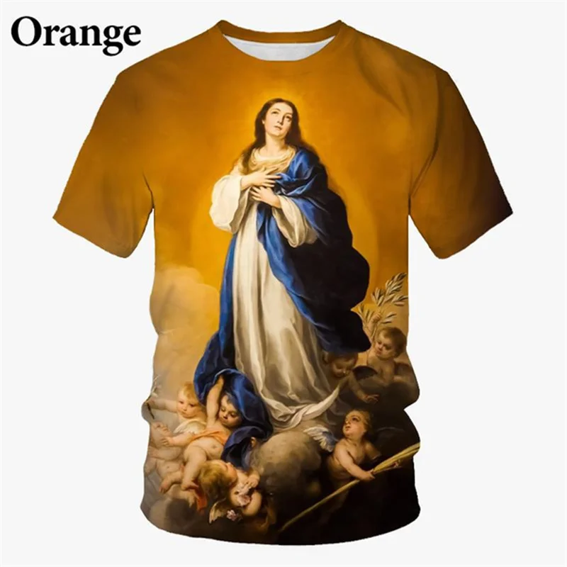 

3D Virgin Mary Printed T Shirt Christianity Graphic T-shirts For Men Kid Fashion Streetwear Short Sleeves Faith Love Clothes Top