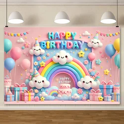 1pc Colorful Rainbow and White Cloud Happy Birthday Banner - Colorful balloons and candles theme, polyester party decoration bac