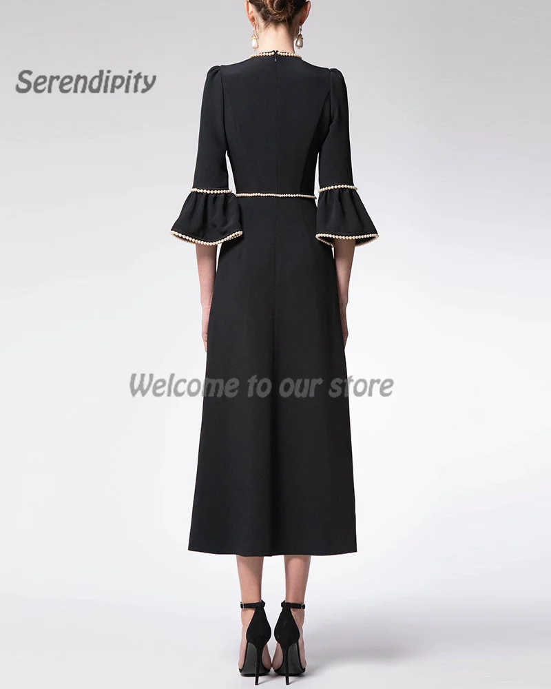 Serendi'-vestido de chá de comprimento com pérolas elegantes para as mulheres, vestido de comprimento de chá para festa, vestido de baile sexy, elegante e elegante