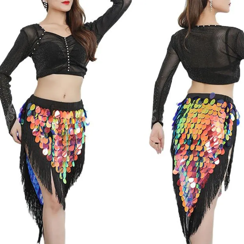 Women Sparkly Sequins Tassel Belly Dance Hip Scarf Long Lesson Wear Skirt Waist Belt Wrap Rave Outfit Stage Costume Clothes Suit