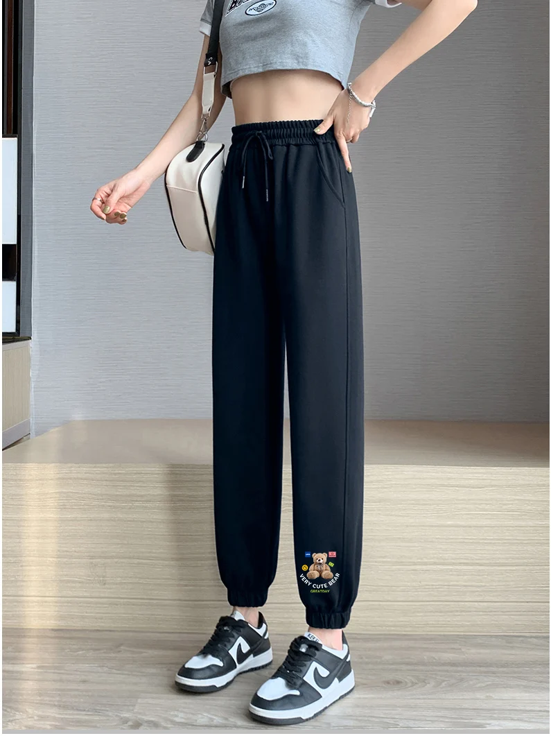 Plus Size 300-Pou-Sporthose mit Fce-Futter, Damen-Freizeithose mit hoher Taille und Bären-Aufdruck, bequeme Polyesterfaser