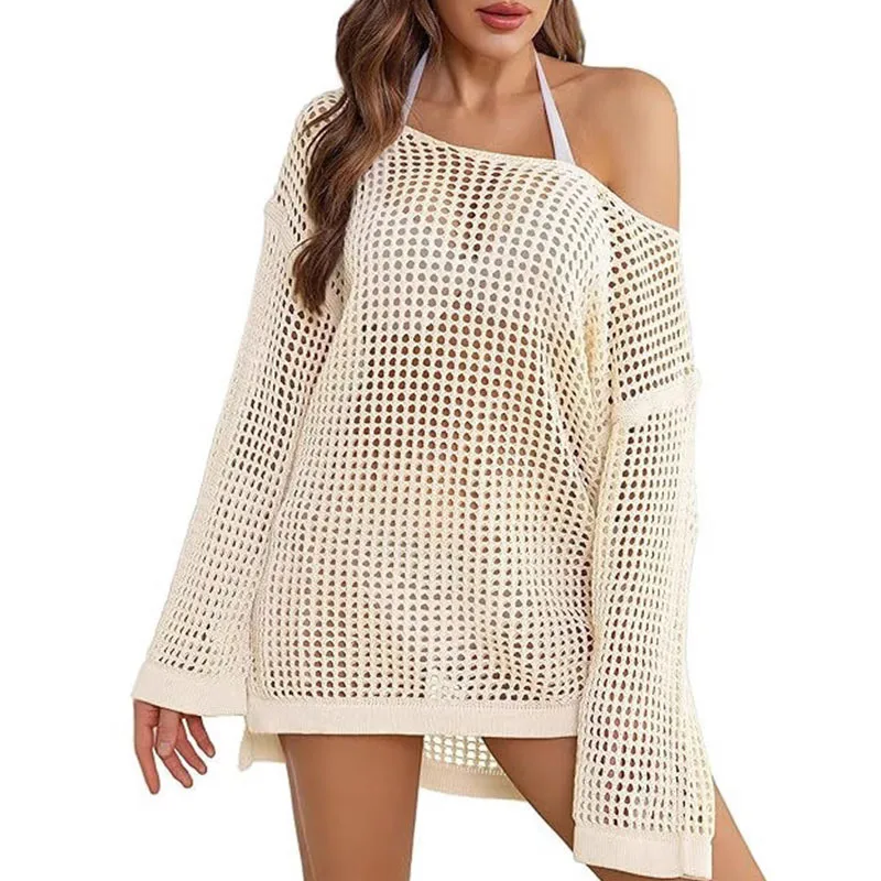 Women's New Knitted Hollow-out Plaid Sexy Bikini Beach Cover-up Sun Protection Dress