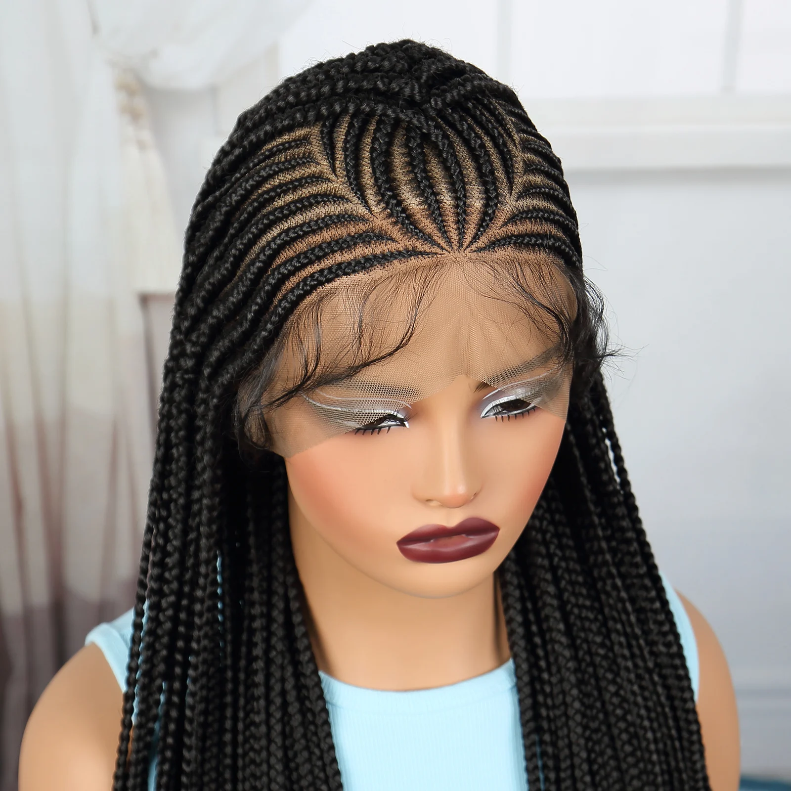 36inch Handmade Cornrow Braided Wigs Full Lace Braids Wig Synthetic Knotless Box Braided Lace Wig with Baby Hair For Black Women