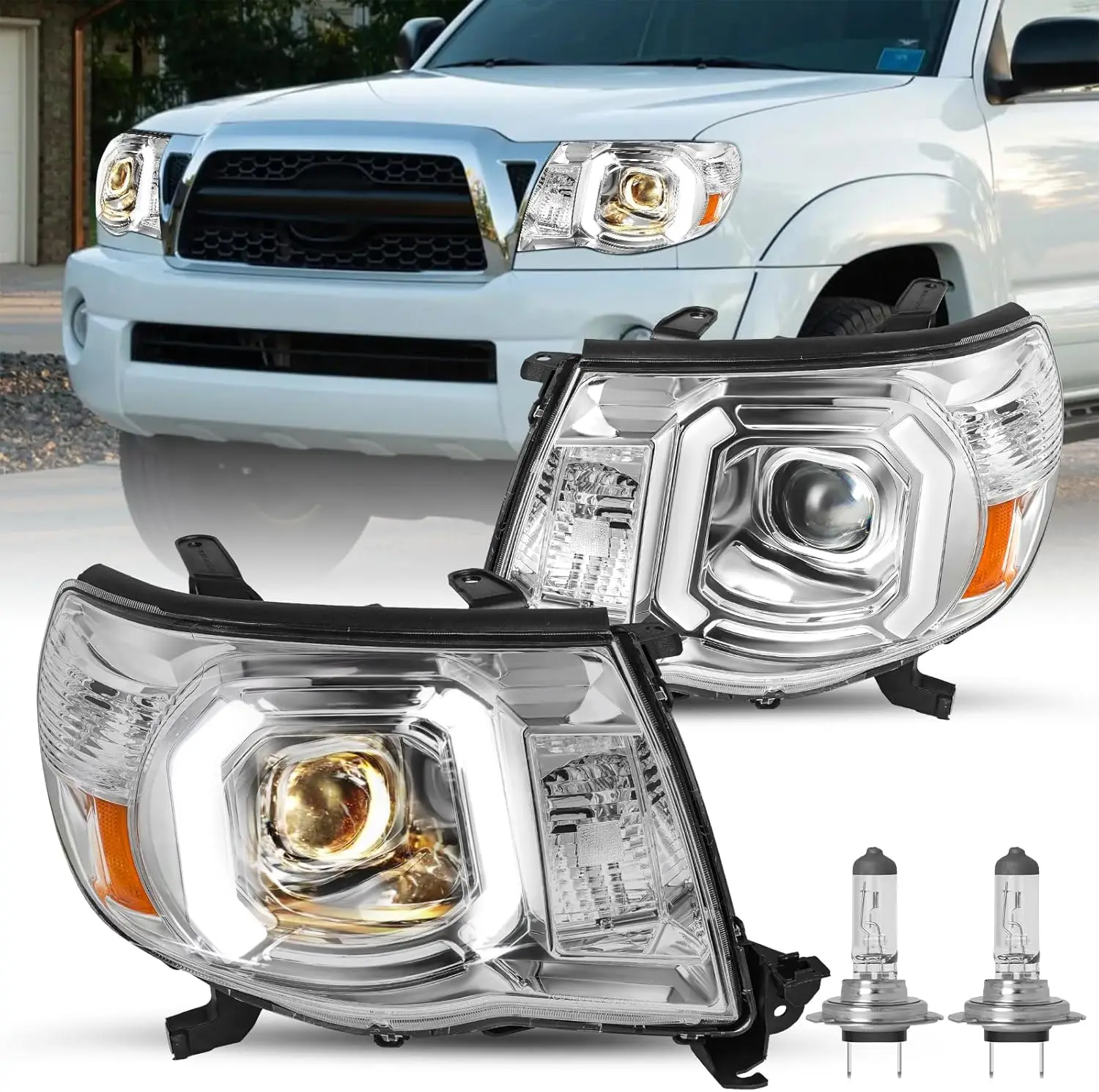 

Замена светодиодных фар DRL в сборе для Toyota Tacoma 2005-2011 гг., хромированный корпус с янтарным отражателем (лампа в комплекте)