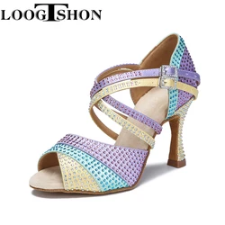 LoogtshonHot-zapatos de baile latino para mujer, Sandalias de tacón de baile para mujer, zapatos de boda con diamantes de imitación, Rumba, Samba, fiesta de salón