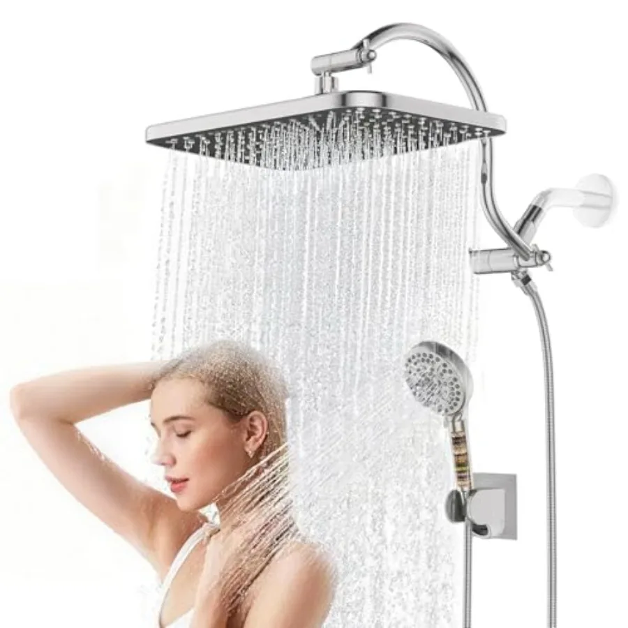

12" Shower Heads with Filtered Hand Sprayer Combo, Adjustable Curved Shower Extension Arm/71-inch Hose, Chrome