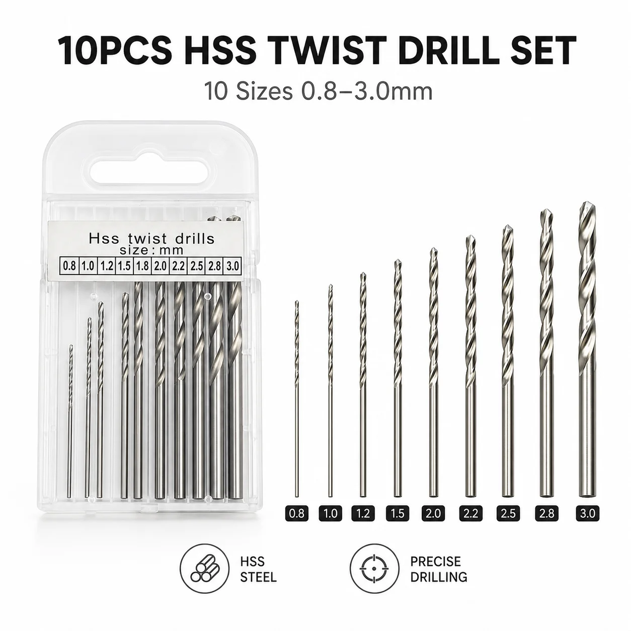 10Pcs HSS Twist Drill Bit Set 0.8-3.0mm Straight Shank Micro Drill Bits for Wood Plastic Soft Metal Precision DIY Drilling Power