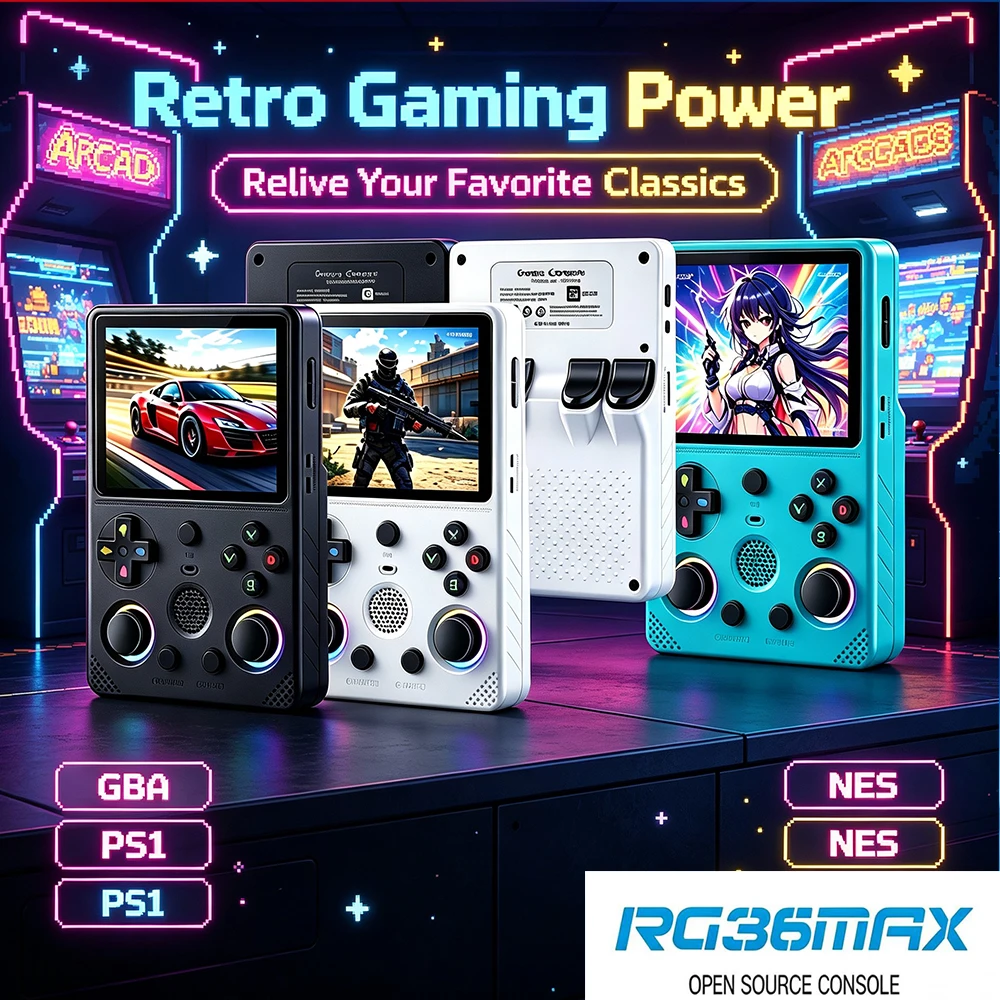 نسخة مطورة من R36S ARKOS RG36max، جهاز ألعاب محمول ريترو بنظام لينكس، شاشة IPS 3.5 بوصة، جهاز ألعاب محمول.