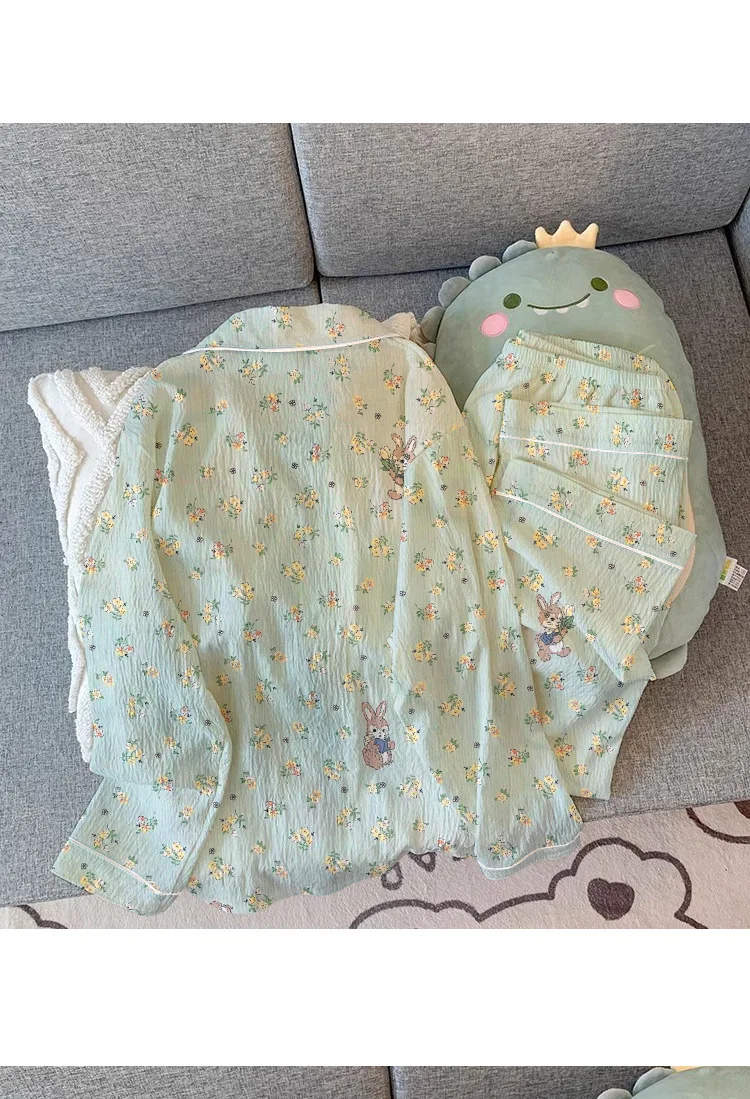 Frühling und Herbst Neue Damen Frische Floral Bunny Langarm Pyjamas Mädchen Studenten Faltig Tuch Nische Freizeit Pyjamas Homewea – Detail 5