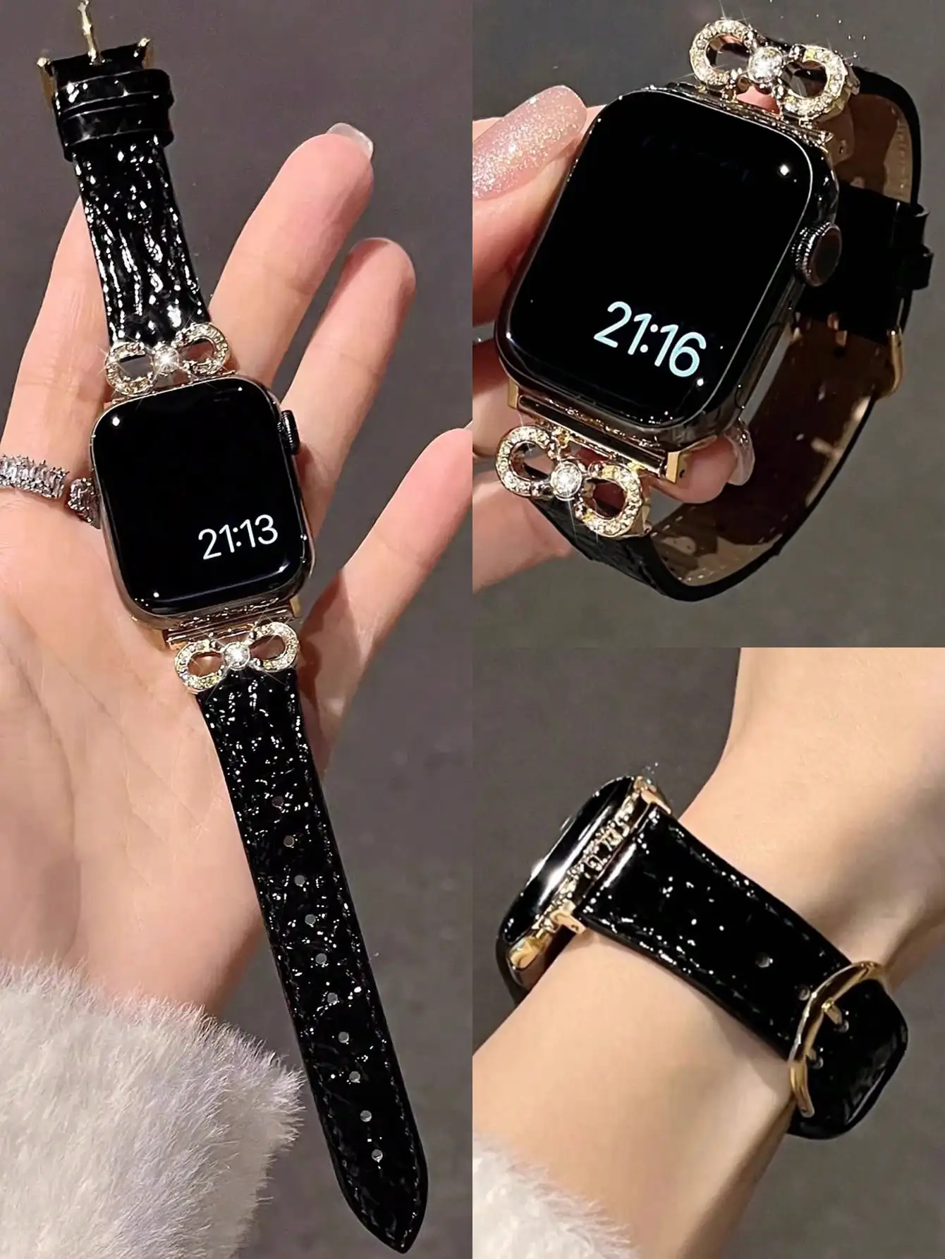 

1pc Women's Lotus Pink Leather Bow Crystal Strap Compatible With 38/40/41/44/45/49/42/46mm Series 11/SE3/Ultra3/Ultra/SE/SE2/10/9/8/7/6/5/4/3/2/1