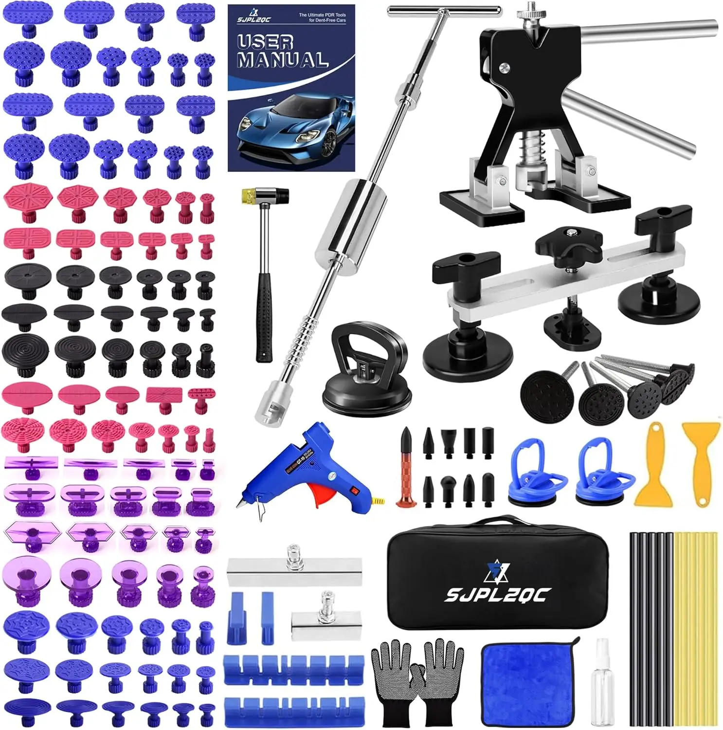 Image of Auto-Dellen-Entfernungs-Set, 140-teiliges Lackfreies Dellen-Reparatur-Kit mit T-Stangen-Dellenzieher, Brückenzieher, Dellenheber, Saugnapfzieher. Dellen-Entferner-Werkzeug für Autodellen,