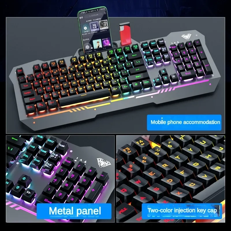 AULA F3010 Wired Keyboard Mechanical Feel Ergonomic E-sports Gamer Metal Panel Cool Lighting Effects PC Laptop Accessories Gifts