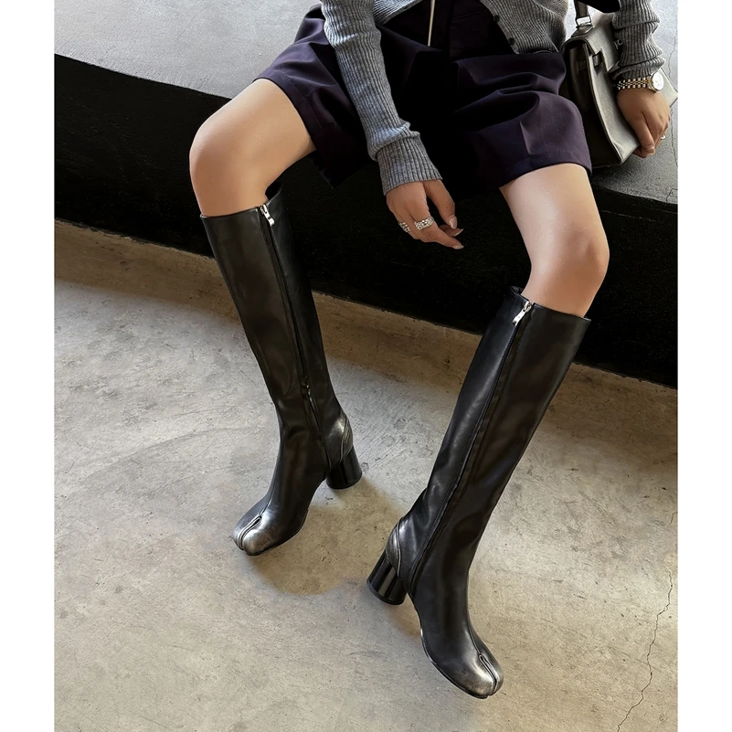 Meotina Women Genuine Leather Knee High Long Boots Split Toe Thick High Heel Zipper Gogo Boot Ladies Fashion Autumn Winter Shoes - view 5