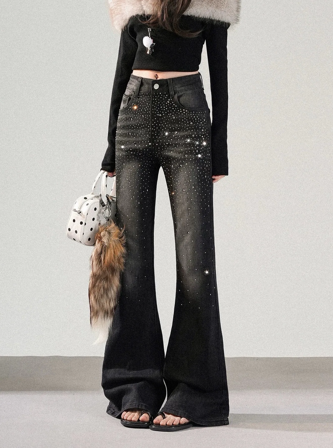 

2026 Trend Y2K Style Hot Fix Rhinestone Washed Black Stretch Baggy Women's Flared Jeans Pants for Woman Clothing Denim Trousers
